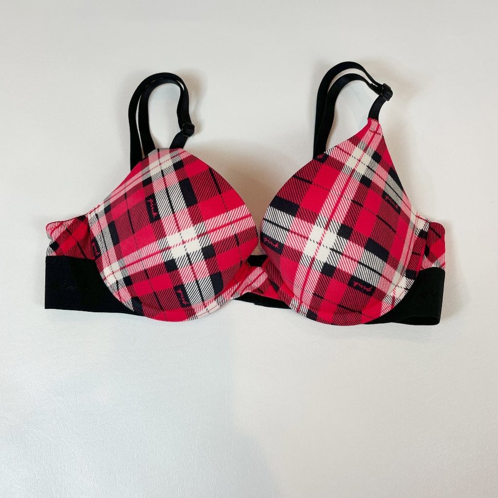 NWOT Victoria's Secret PINK Bra 32B Wear Everywhere Push-Up Red Black Plaid